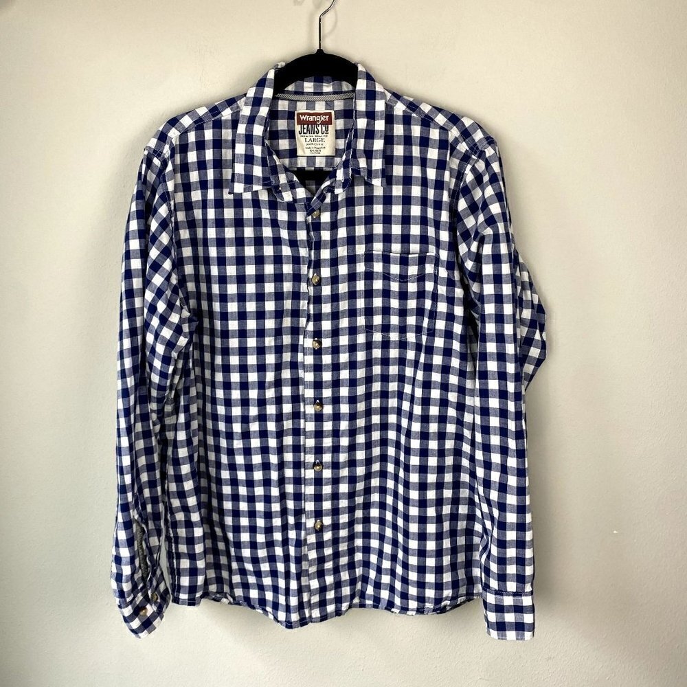 Wrangler Mens Blue Gingham Plaid Button Up L